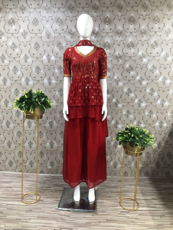 Red Georgette Heavy Embroidery Thread Farari Sharara Set