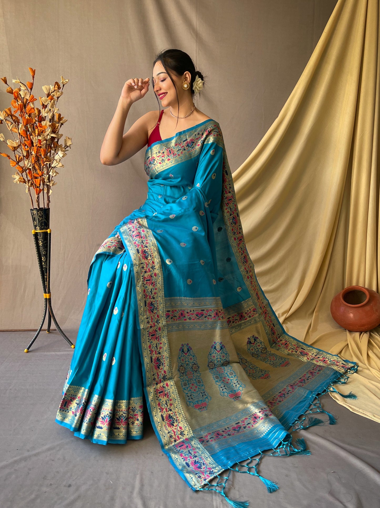 Firozi Color Floral Woven Design Zari Paithani Saree