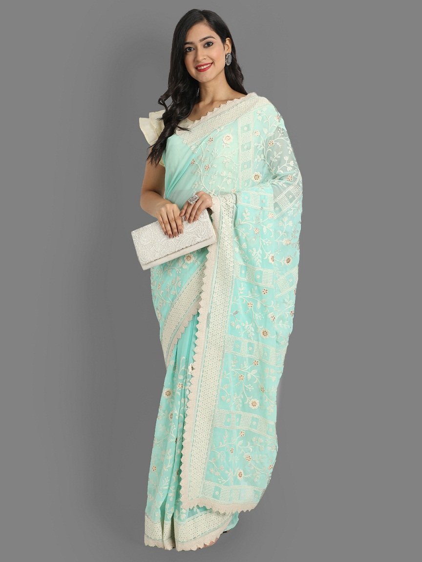 Light Blue Colour Faux Georgette Beautiful Lakhnavi Work Saree