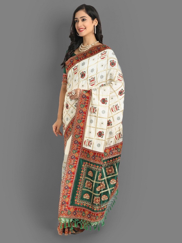 White And Green Beautiful Designer Panetar Silk Saree