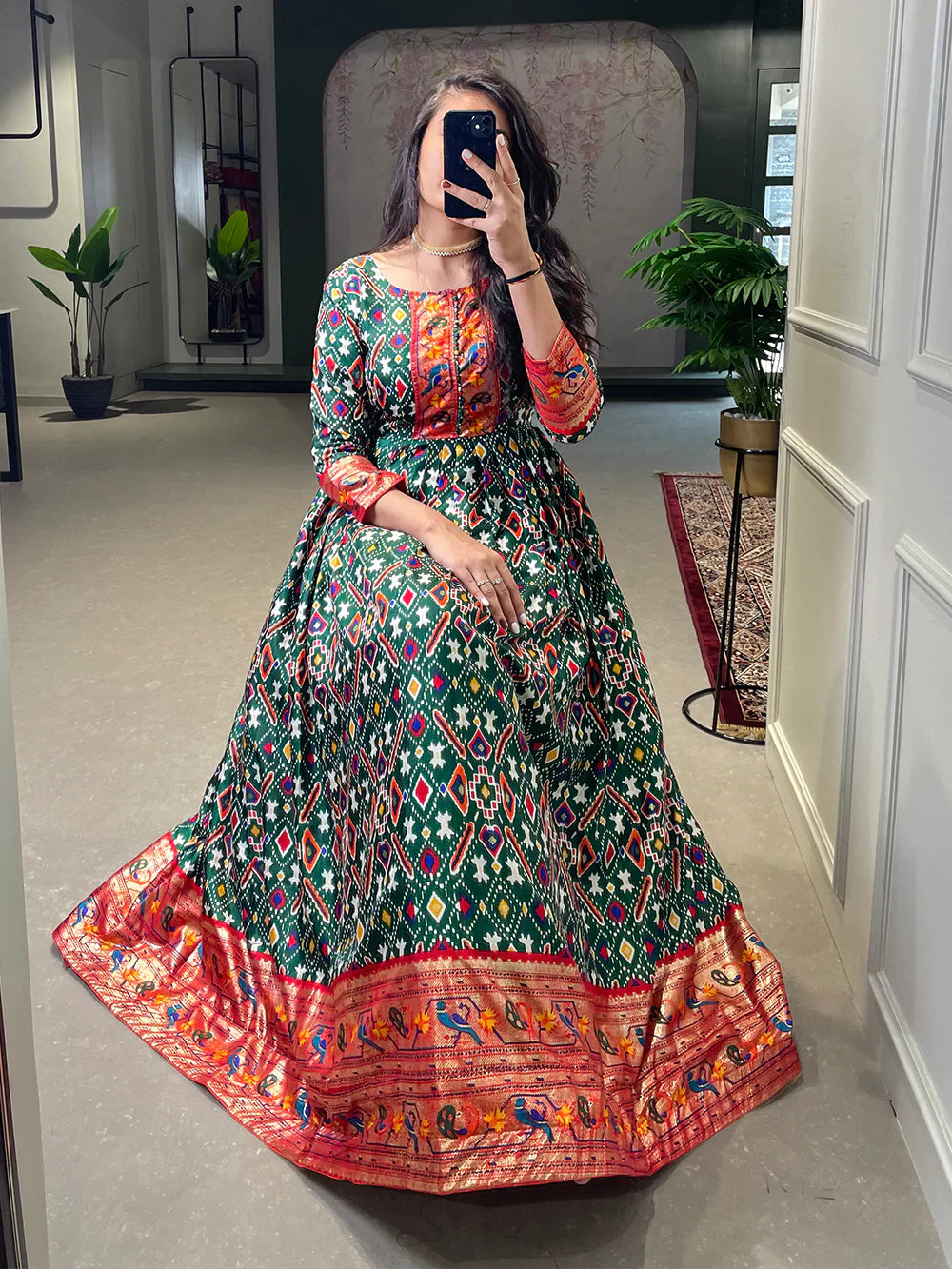 Green Color Patola Paithani Printed And Foil Printed Silk Gown