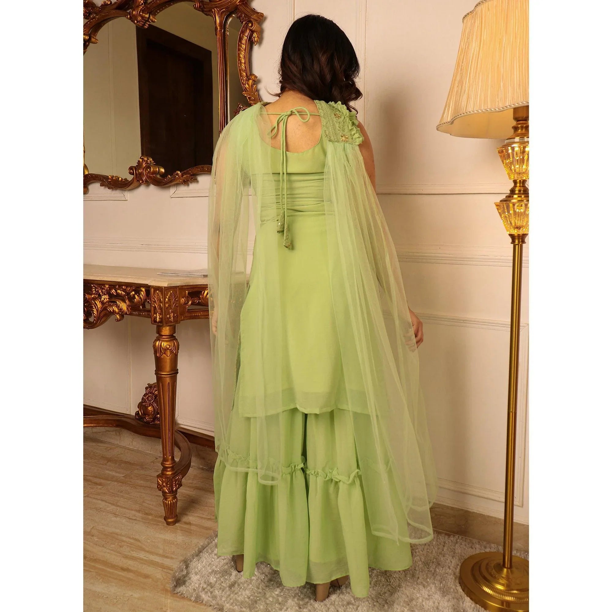 Green Sequins Floral Embroidered Georgette Sharara Suit