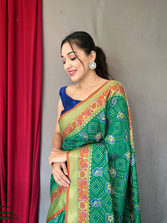 Green Kachii Patola Weaving Saree With Meenakari Border Saree