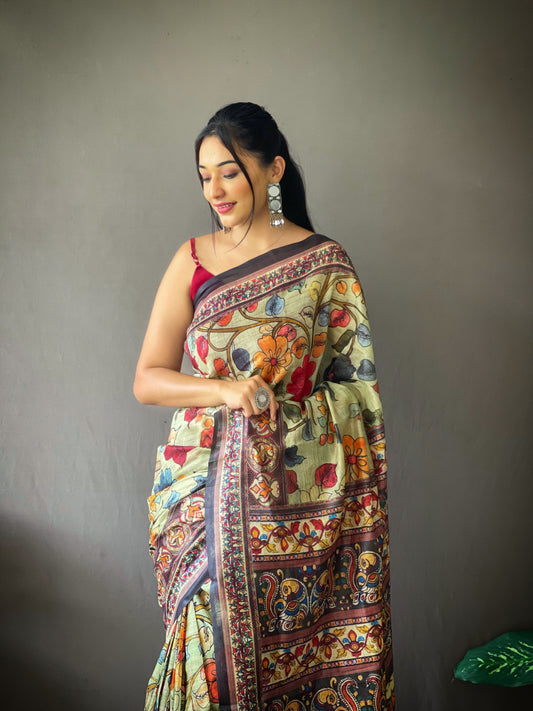 Green Cotton Kalamkari Digital Printed Beautiful Saree