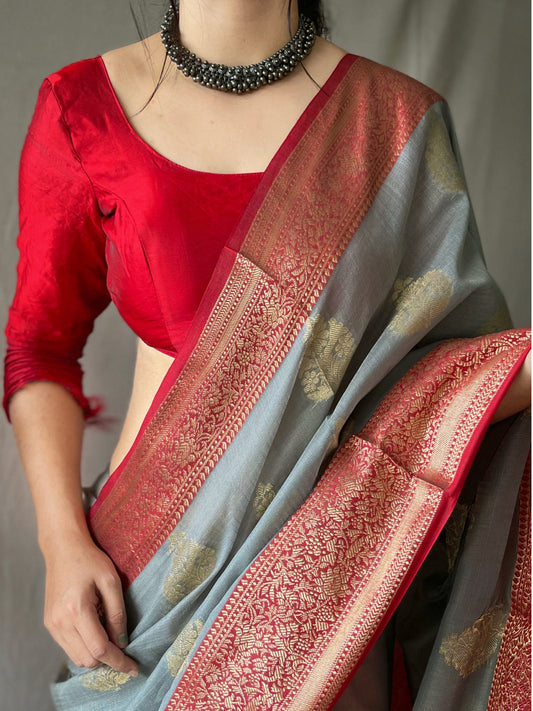 Gray Soft Linen Weaving Sarees With Contrast Weaving Border And Pallu. Paired With Contrast Unstitched Blouse