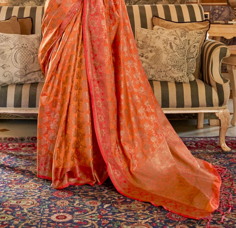 Orange Tessar Silk Weaving Saree