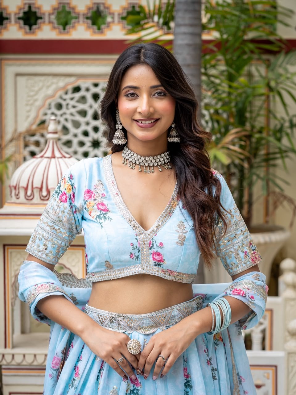 Sky Blue Premium Star Georgette Floral Digital Print With Rich Zari, Sequence & Embroidery Work Lehenga Choli Set With Dupatta