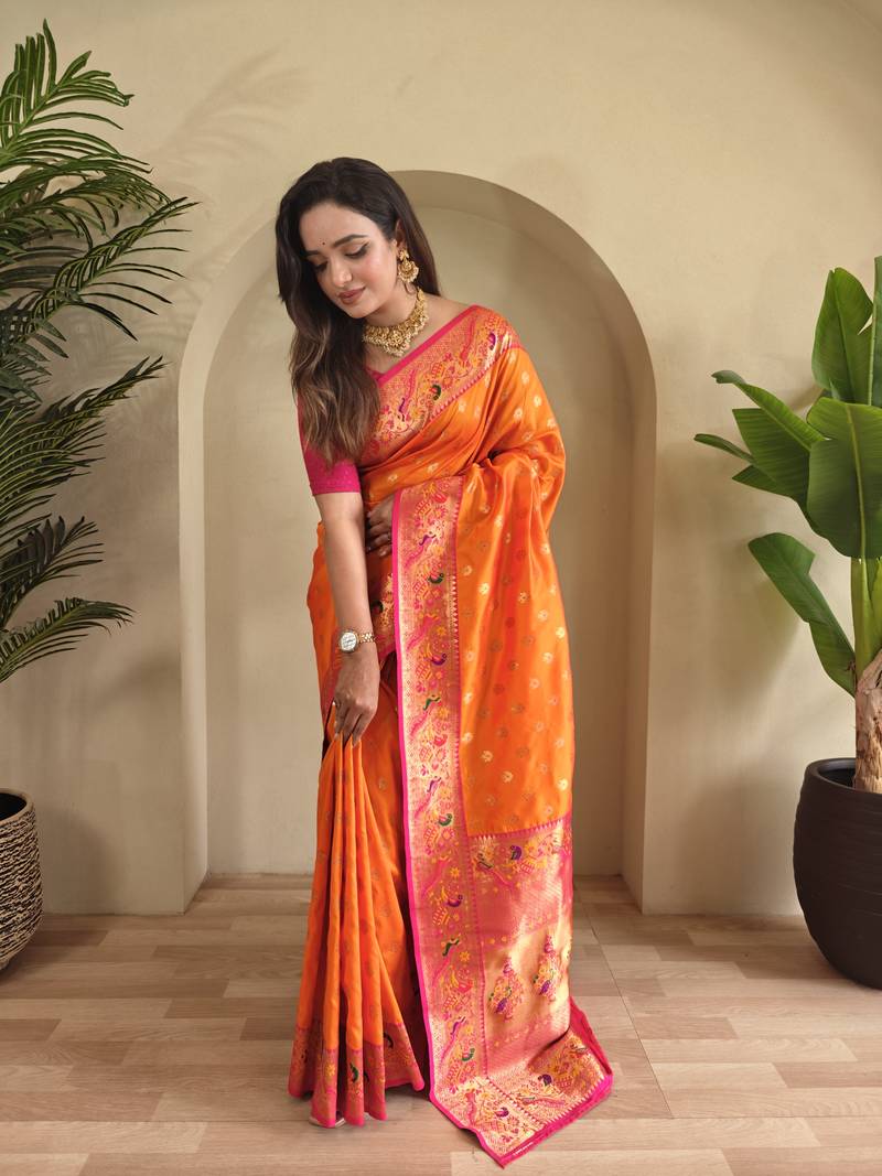 Orange & Rani Pink Ethnic Motifs Woven Design Silk Saree With Woven Design Border