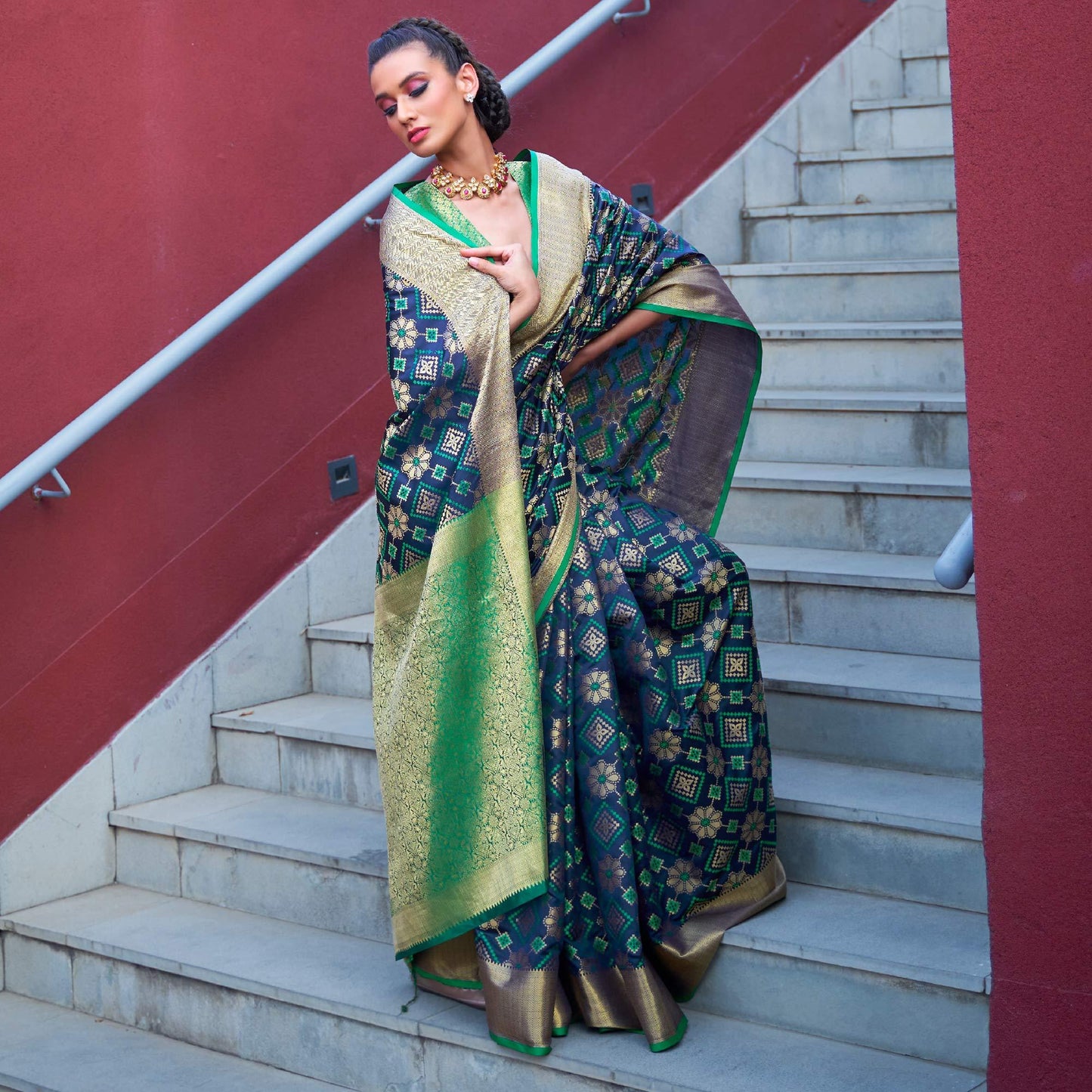 Innovative Dark Blue Colored Festive Wear Patola Woven Silk Saree