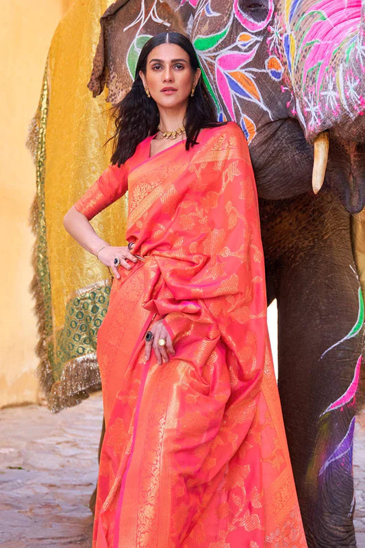 Tart Orange Soft Silk Saree In Handloom Weaving With Sequins