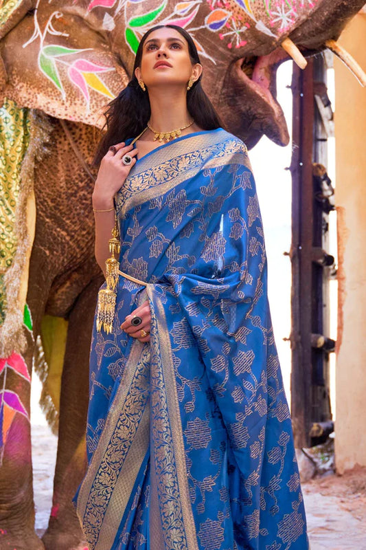 Cobalt Blue Soft Silk Saree In Handloom Weaving With Sequins