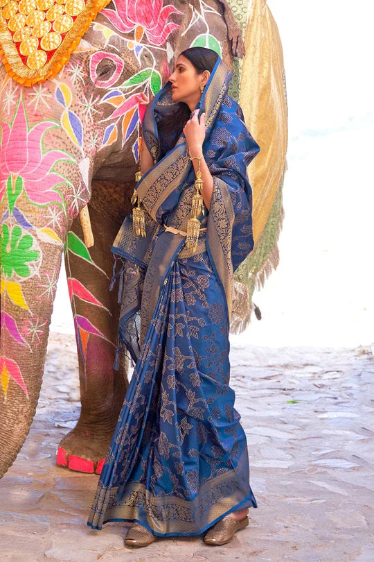 Cobalt Blue Soft Silk Saree In Handloom Weaving With Sequins