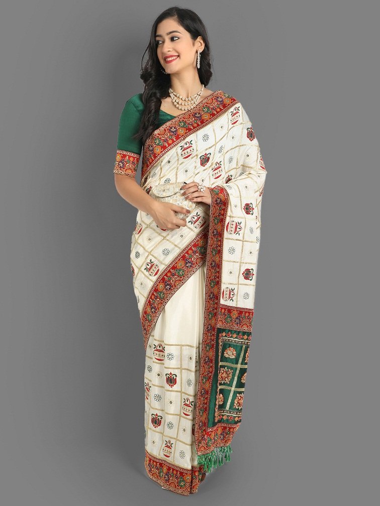 White And Green Beautiful Designer Panetar Silk Saree