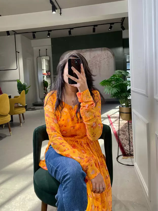 Orange Georgette Floral Printed Kurti