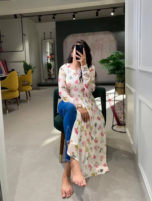 White Georgette Floral Printed Kurti