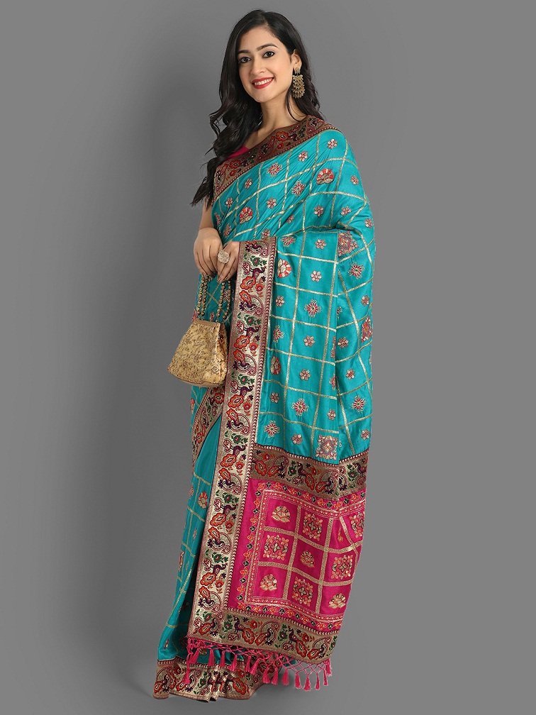 Rama Cobalt Blue And Pink Beautiful Designer Panetar Silk Saree