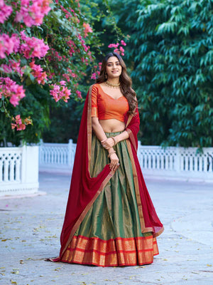 Bottle Green Kanchipuram Silk Lehenga Choli with Traditional Gold Zari Weaving Work by The Beauty Queen Surat