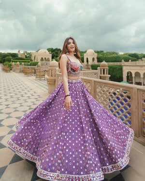 Lavender Purple Heavy Muslin Cotton Digital Print And Real Mirror Work Navratri Lehenga Choli Set By The Beauty Queen