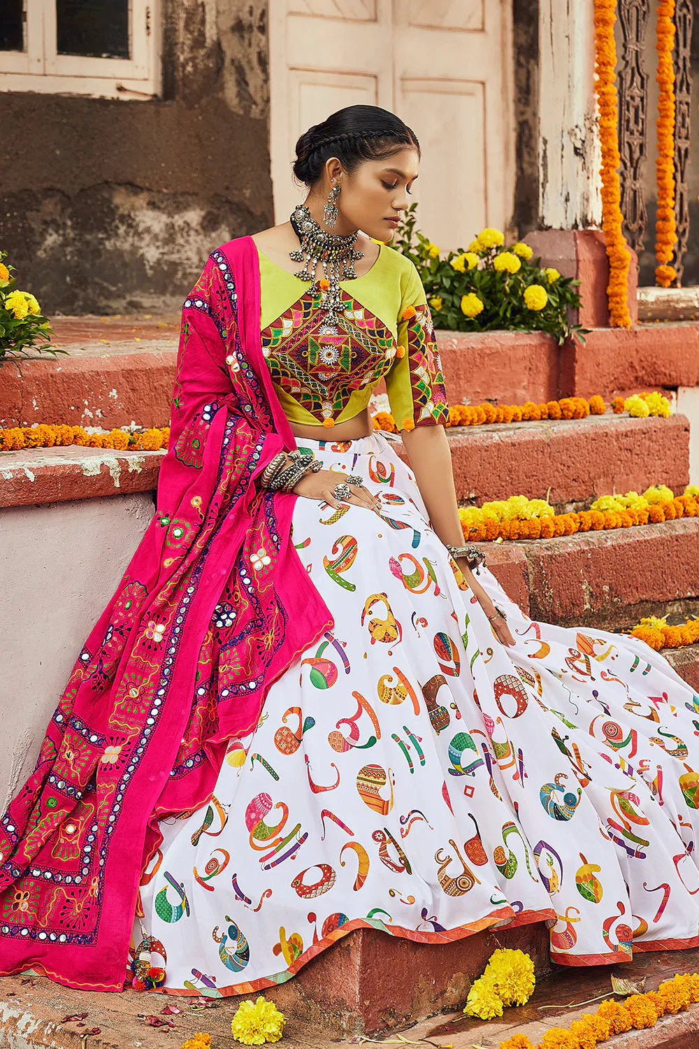 Gorgeous White Cotton Digital Print Navratri Special Chaniya Choli