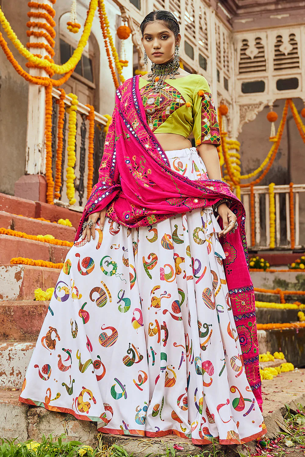 Gorgeous White Cotton Digital Print Navratri Special Chaniya Choli