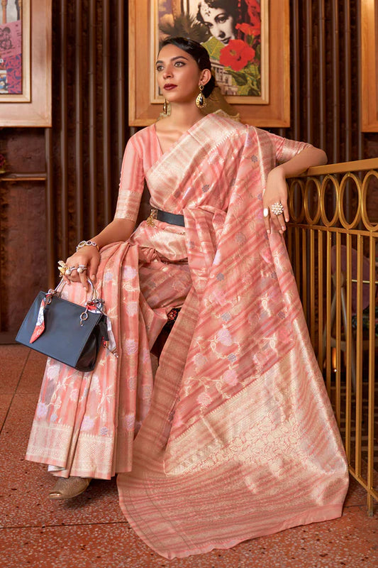 Gorgeous Flamingo Classic Linen Handloom Weaving Saree