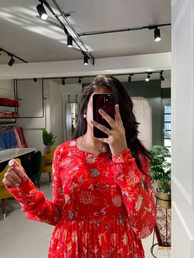 Red Georgette Floral Printed Kurti