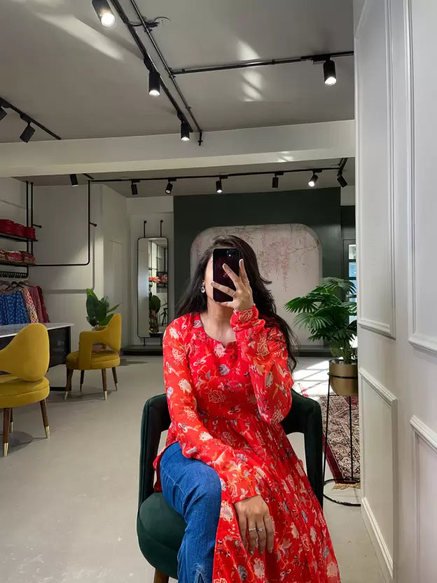 Red Georgette Floral Printed Kurti