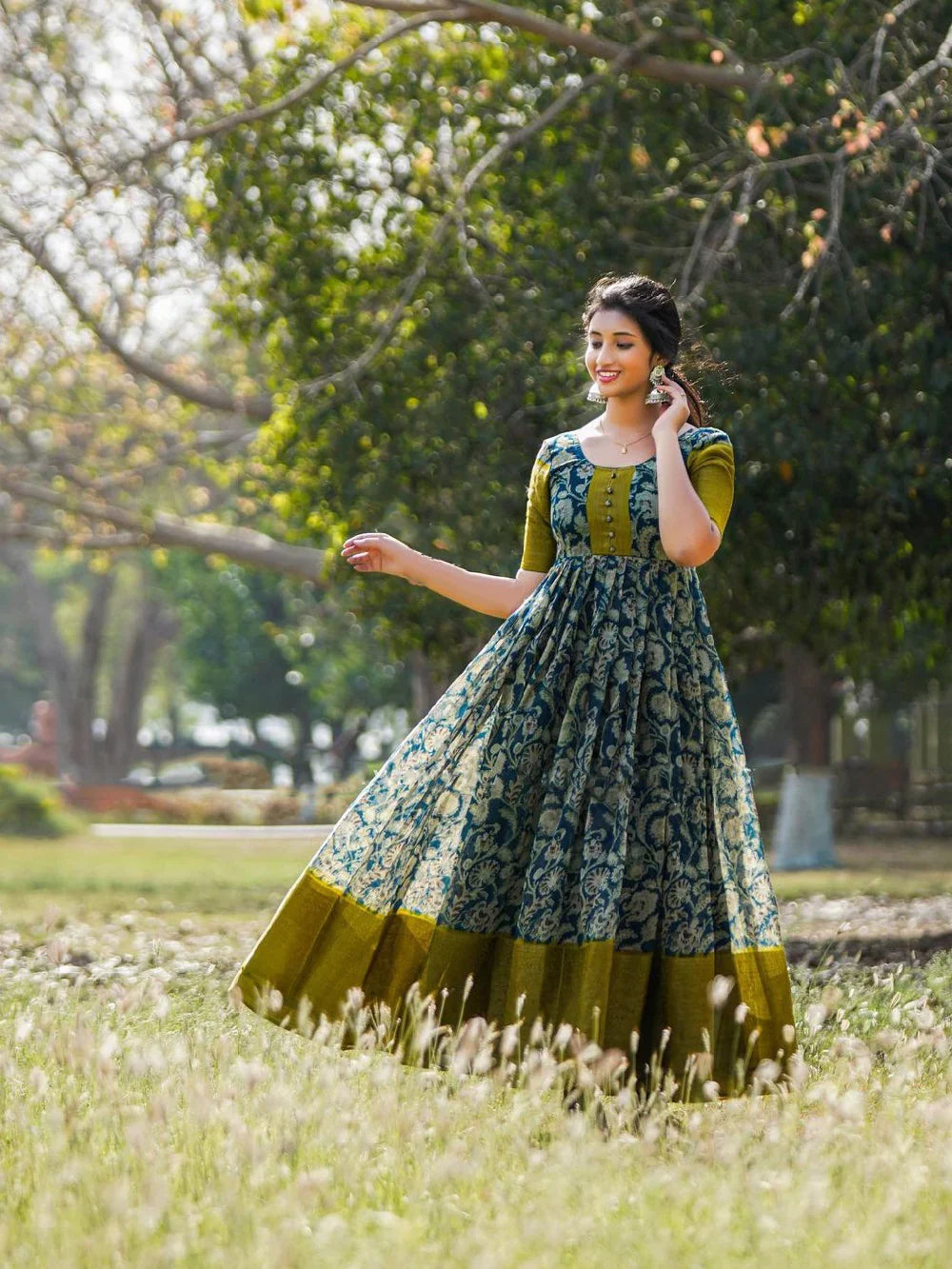 Mehendi Color Floral Printed Soft Cotton Gown