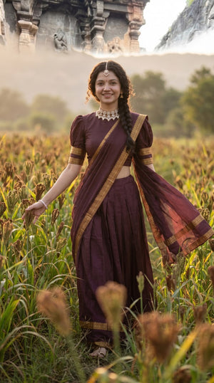 Dark Plum Wine Kanci Cotton Zari Weaving Work South Indian Half Saree Langa Voni Set flat lay view by The Beauty Queen