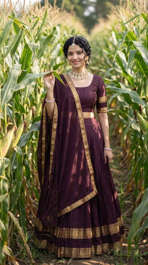 Monochrome Deep Wine Kanci Cotton Zari Weaving Work South Indian Half Saree Langa Voni Set flat lay view by The Beauty Queen