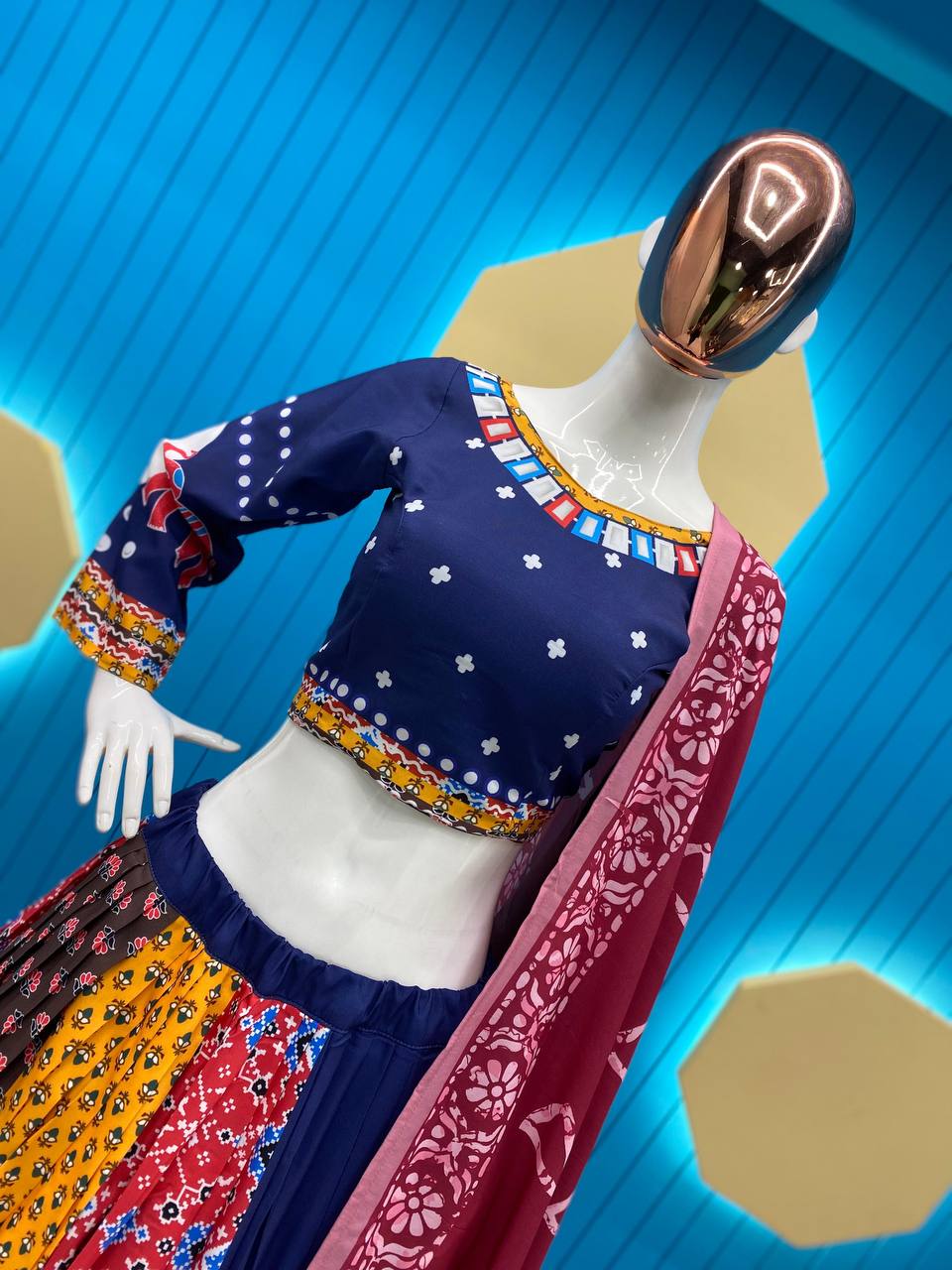 Multicolor Reyon With Printed Kodi Lace Work Navratri Lehenga Choli