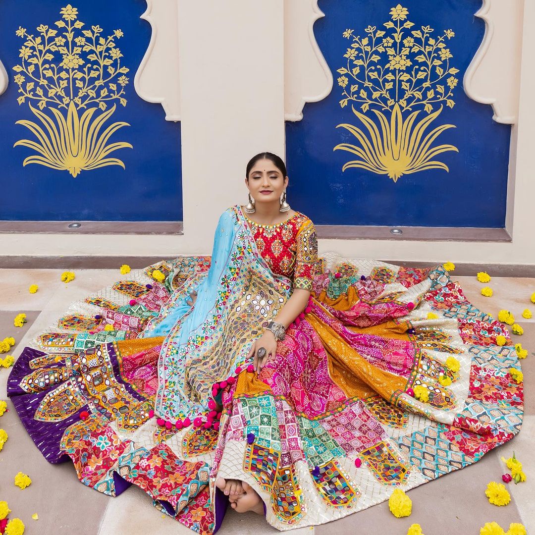 Multicolor Fancy Digital Print Soft Butter Silk Real Mirror Work Navaratri Lehenga Choli