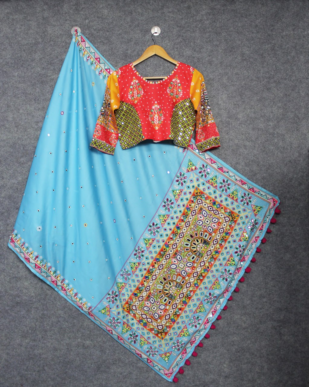 Multicolor Fancy Digital Print Soft Butter Silk Real Mirror Work Navaratri Lehenga Choli