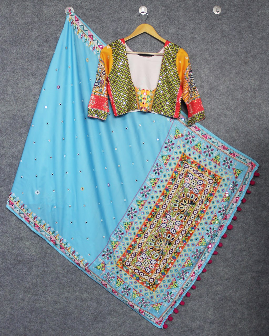 Multicolor Fancy Digital Print Soft Butter Silk Real Mirror Work Navaratri Lehenga Choli