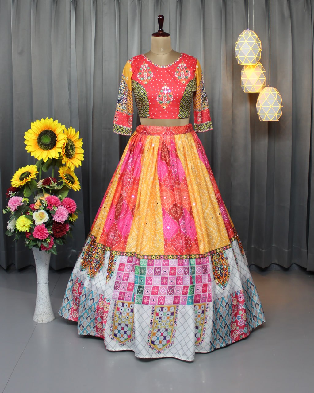 Multicolor Fancy Digital Print Soft Butter Silk Real Mirror Work Navaratri Lehenga Choli