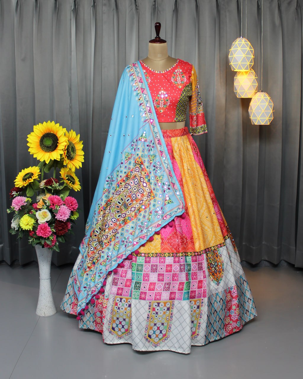 Multicolor Fancy Digital Print Soft Butter Silk Real Mirror Work Navaratri Lehenga Choli