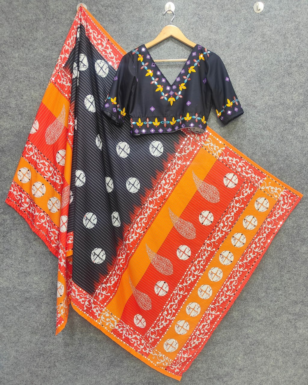 Black Orange Maslin Cotton Fancy Digital Print With Real Mirror Work Navaratri Lehenga Choli