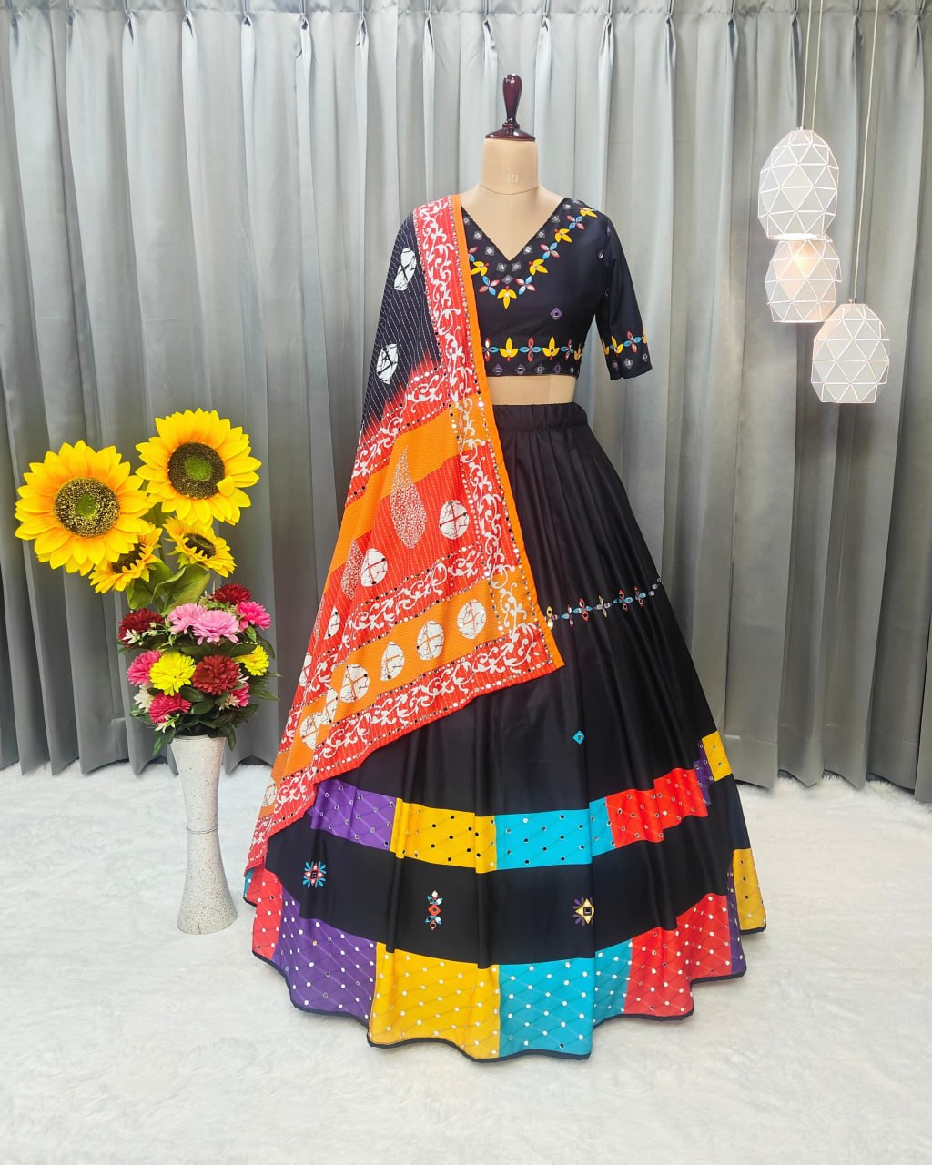 Black Orange Maslin Cotton Fancy Digital Print With Real Mirror Work Navaratri Lehenga Choli