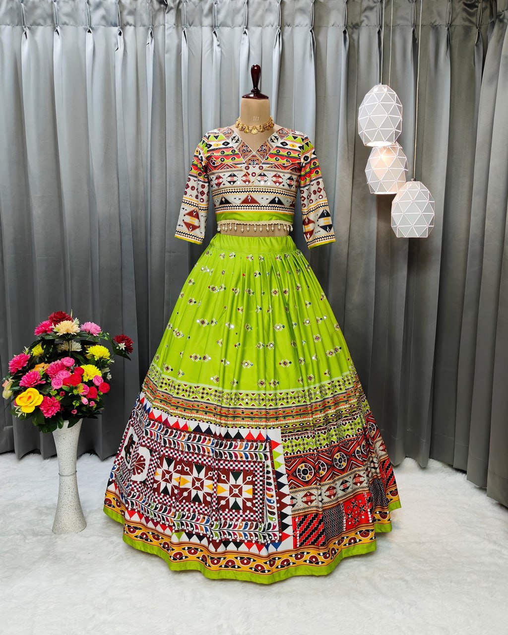 Green Multicolor Fancy Digital Print With Real Mirror Work Navaratri Lehenga Choli