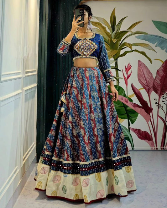 Multicolor Fancy Digital Print With Real Mirror Work Navaratri Lehenga Choli