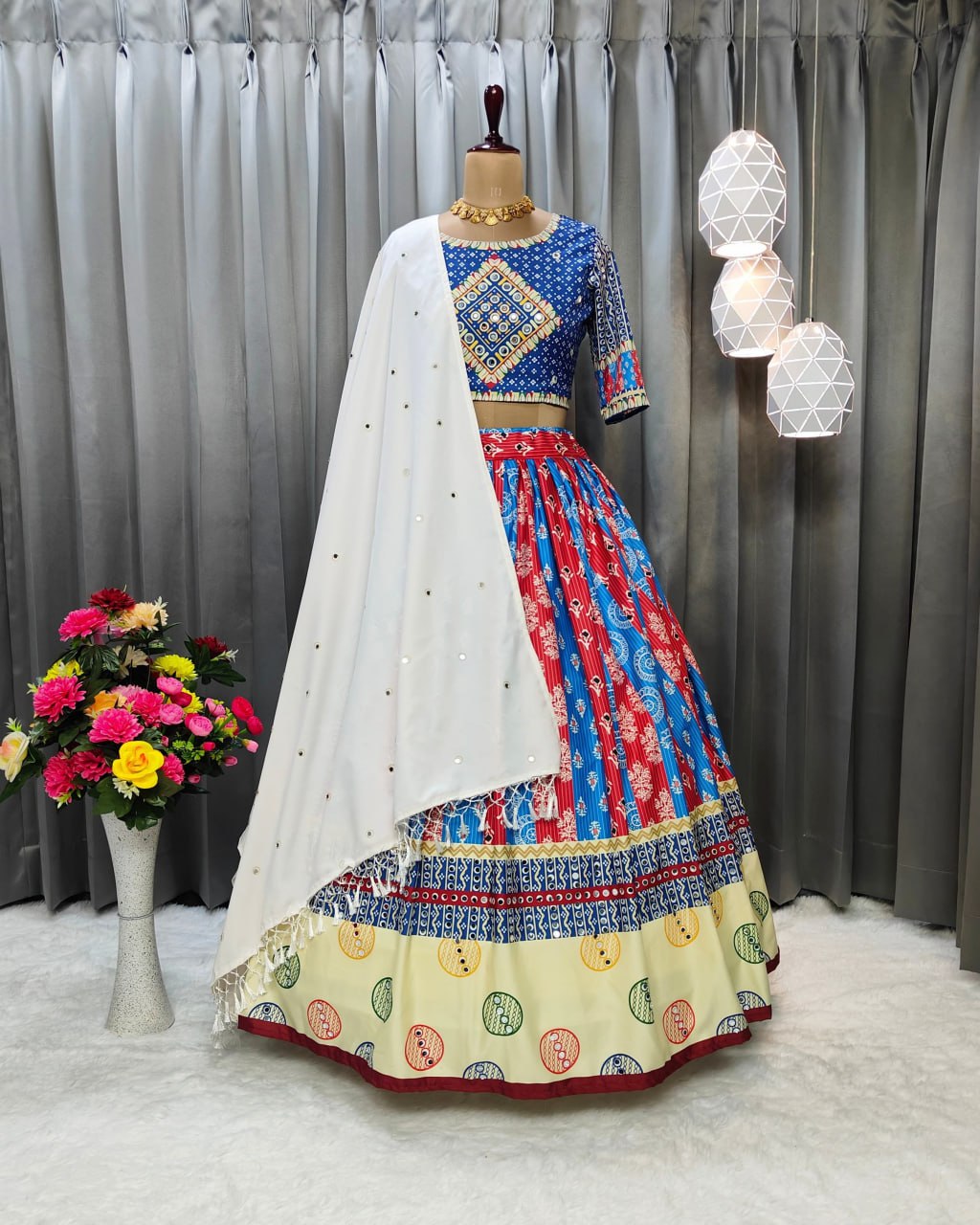 Multicolor Fancy Digital Print With Real Mirror Work Navaratri Lehenga Choli