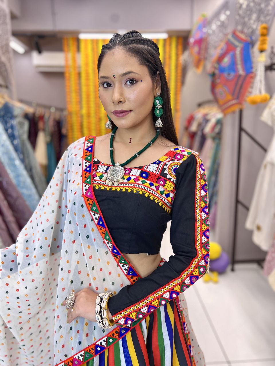 Black Maslin Multi Lining Heavy Digital Print Navratri Lehenga Choli