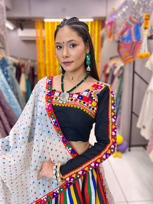 Black Maslin Multi Lining Heavy Digital Print Navratri Lehenga Choli