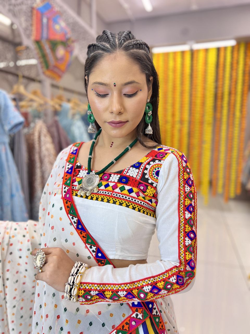 White Maslin Multi Lining Heavy Digital Print Navratri Lehenga Choli