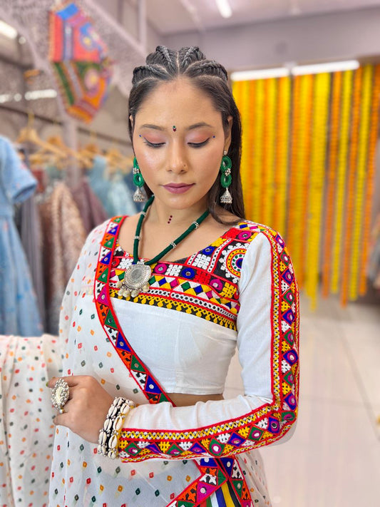 White Maslin Multi Lining Heavy Digital Print Navratri Lehenga Choli