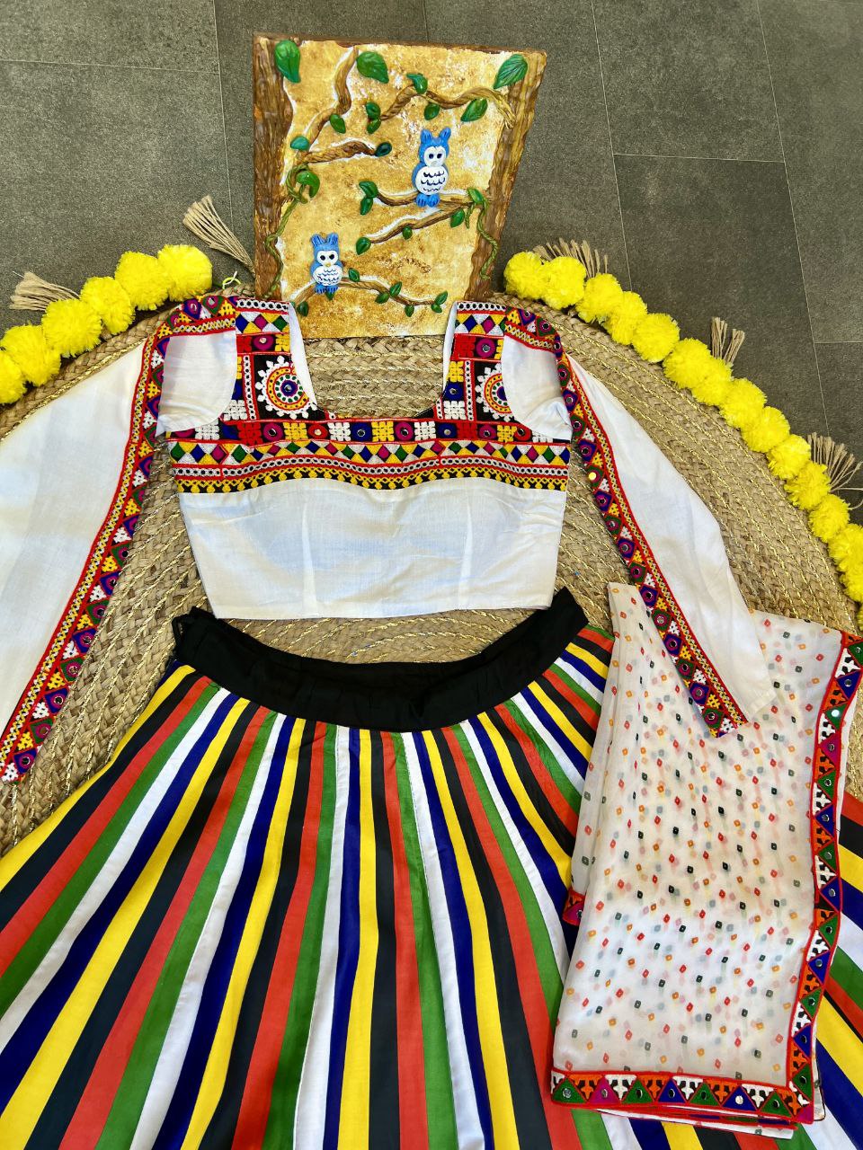 White Maslin Multi Lining Heavy Digital Print Navratri Lehenga Choli