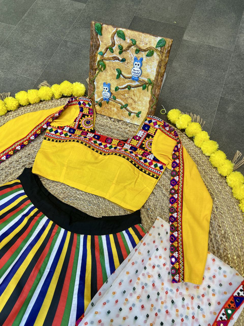 Yellow Maslin Multi Lining Heavy Digital Print Navratri Lehenga Choli