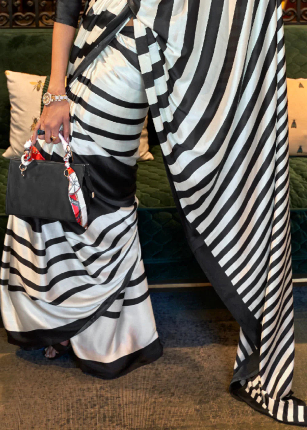 Sisal Black And White Stripes Printed Satin Silk Saree