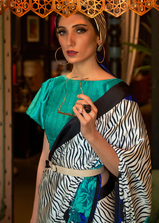 Edward White And Blue Printed Satin Silk Saree