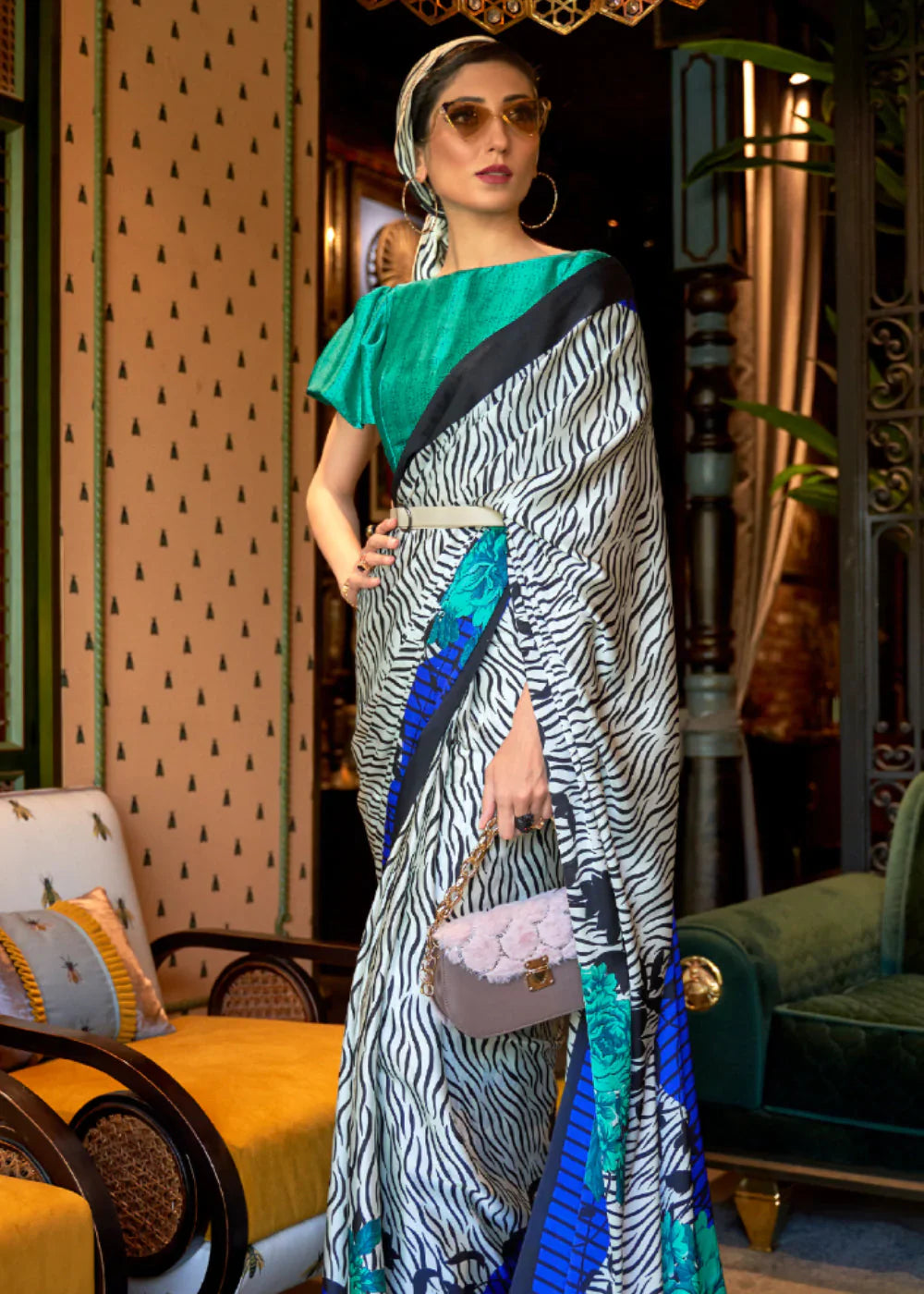 Edward White And Blue Printed Satin Silk Saree